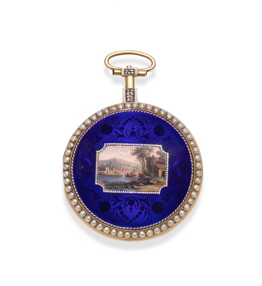 Mugnier, Rue de la Loy. A rare and unusual continental gold and seed pearl set key wind open face pocket watch with enamel decoration and virgule escapement