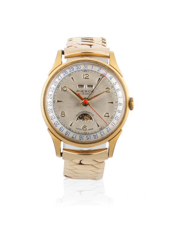 Pierce. A stainless steel and gold plated manual wind triple calendar wristwatch with moon phase