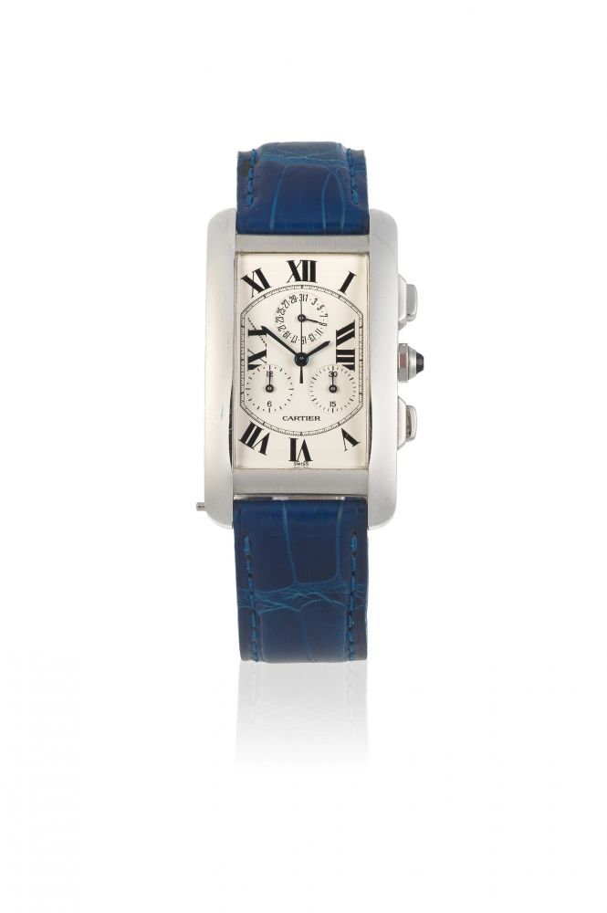 Cartier. An 18K white gold quartz calendar chronograph rectangular wristwatch