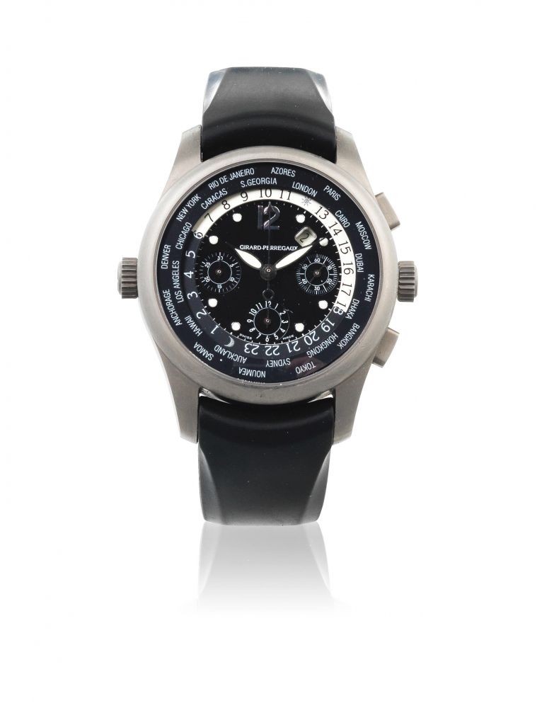Girard Perregaux. A titanium automatic calendar chronograph wristwatch with world time indication