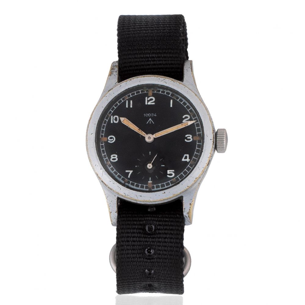 Record. A chrome plated manual wind military issue wristwatch