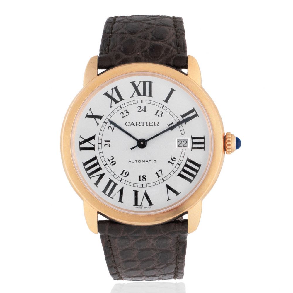 Cartier. An 18K rose gold and stainless steel automatic calendar wristwatch