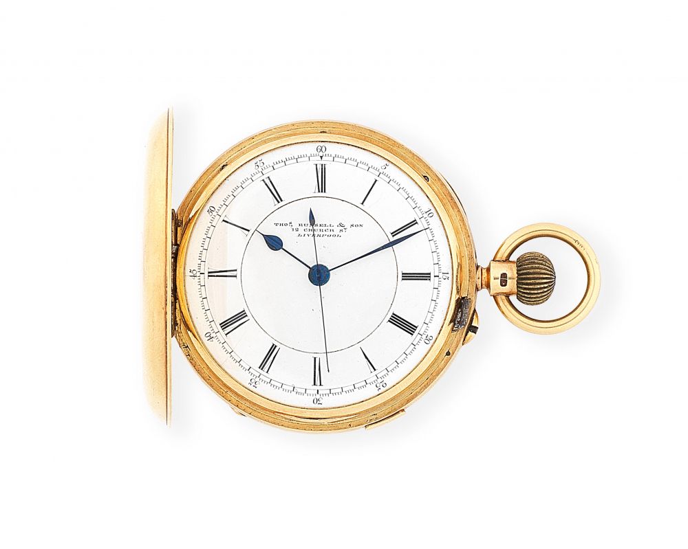 Thomas Russell Son, 12 Church Street, Liverpool. An 18K gold keyless wind full hunter pocket watch with stop/start seconds
