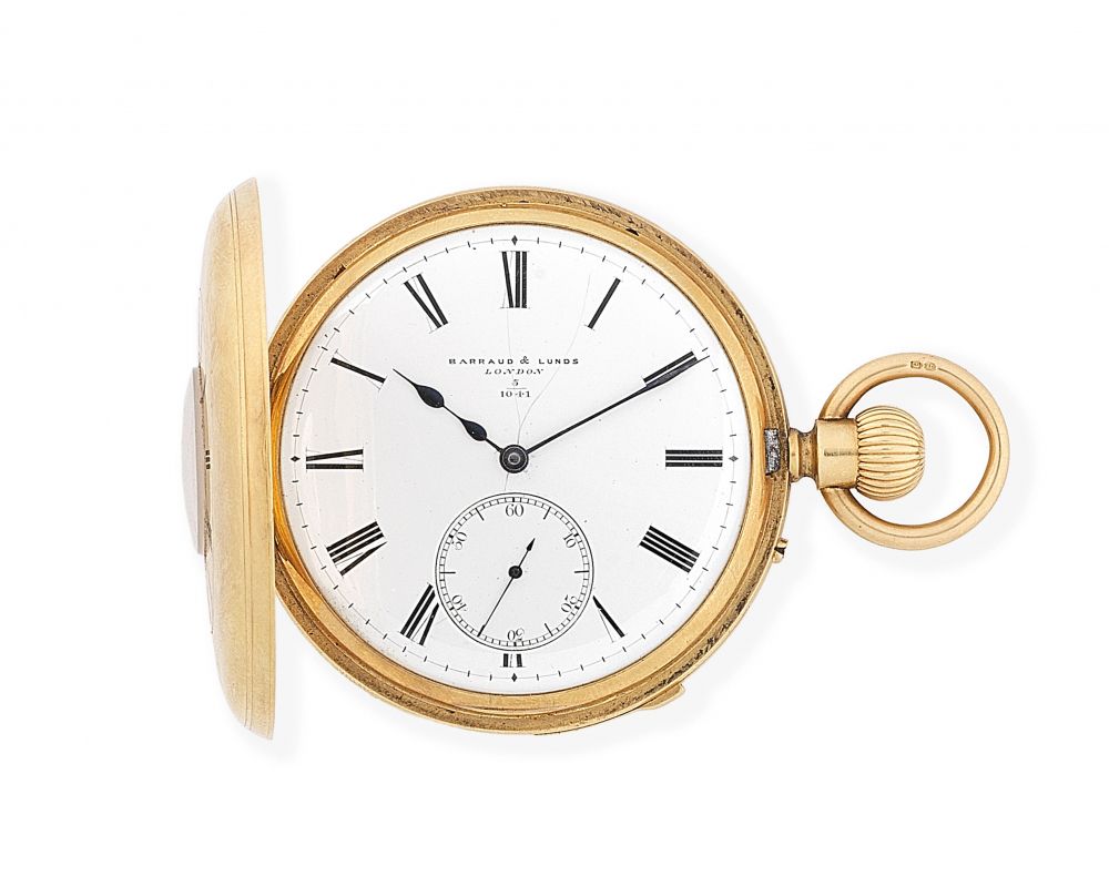Barraud Lunds, London. An 18K gold keyless wind half hunter quarter repeating pocket watch