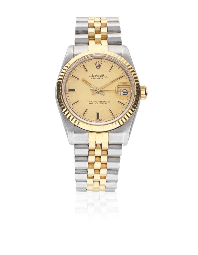 Rolex. A stainless steel and gold automatic calendar bracelet watch