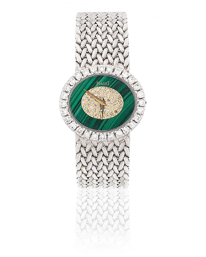Piaget. A lady's 18K white gold, diamond and malachite manual wind bracelet watch