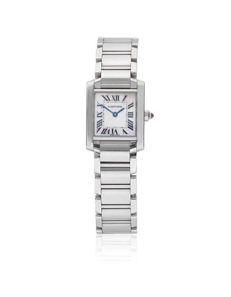 Cartier. A lady's stainless steel quartz rectangular bracelet watch with mother of pearl dial