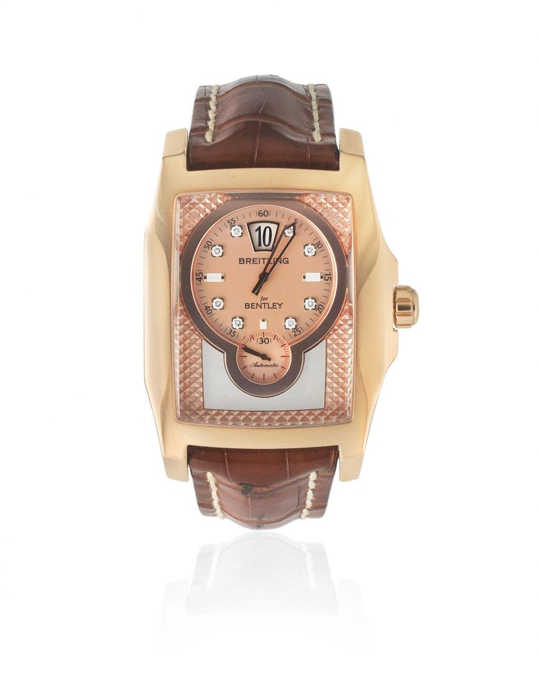 Breitling for Bentley. An 18K rose gold and diamond set automatic rectangular wristwatch with jump hour