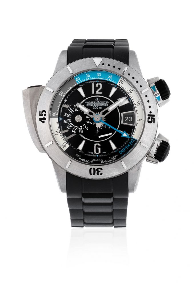 Jaeger-LeCoultre. A stainless steel automatic calendar bracelet watch with dual time to be sold in aid of Charity
