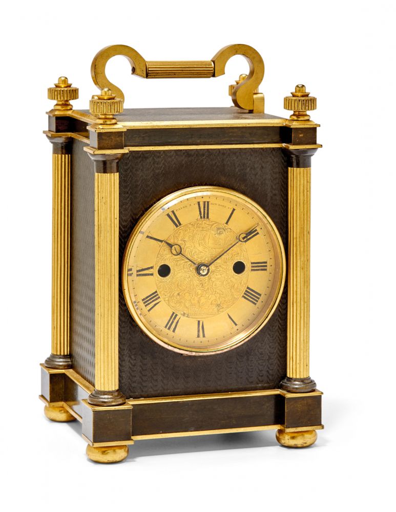 A FINE PATINATED AND GILT BRASS HOUR STRIKING AND REPEATING GIANT CARRIAGE CLOCK