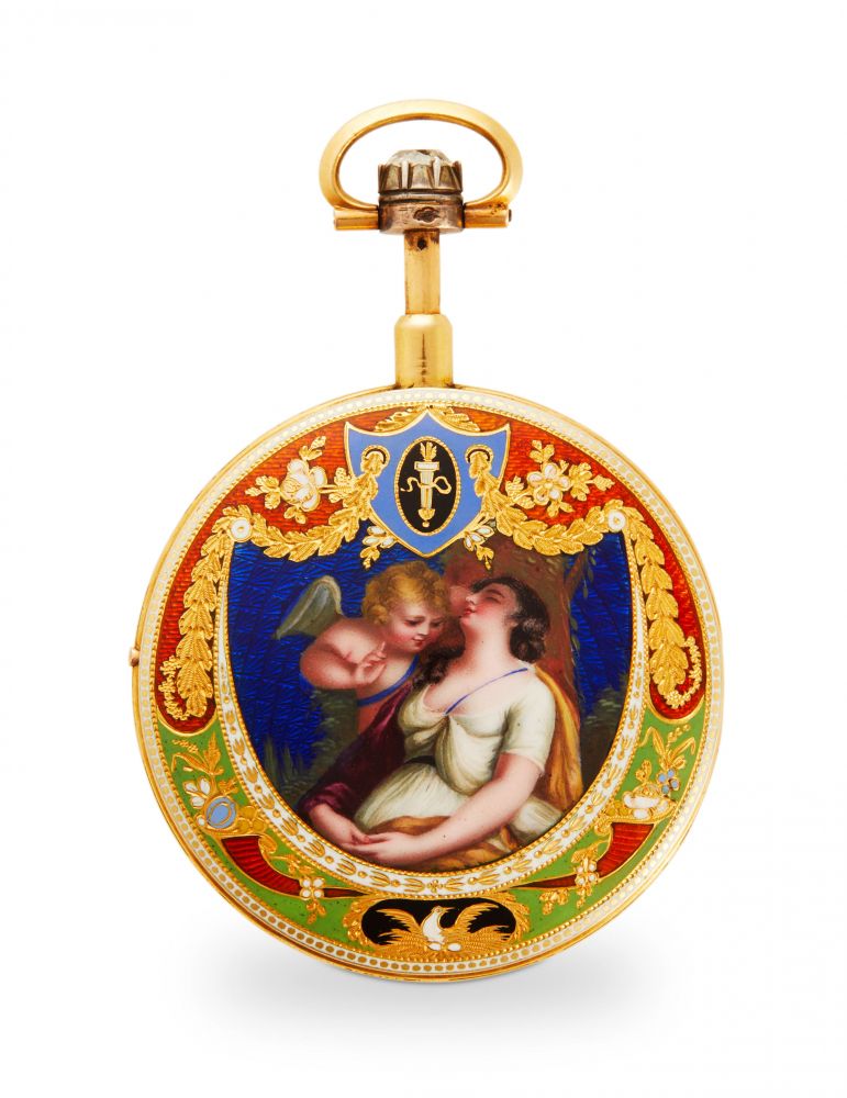 VAUCHER EN LA CITÉ À PARIS. A FINE DIAMOND-SET ENAMELED GOLD VERGE WATCH, QUARTER REPEATING À TOC