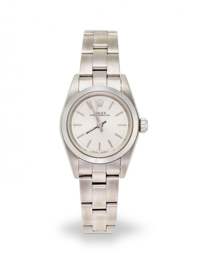 ROLEX. A LADY'S STAINLESS STEEL AUTOMATIC BRACELET WATCH