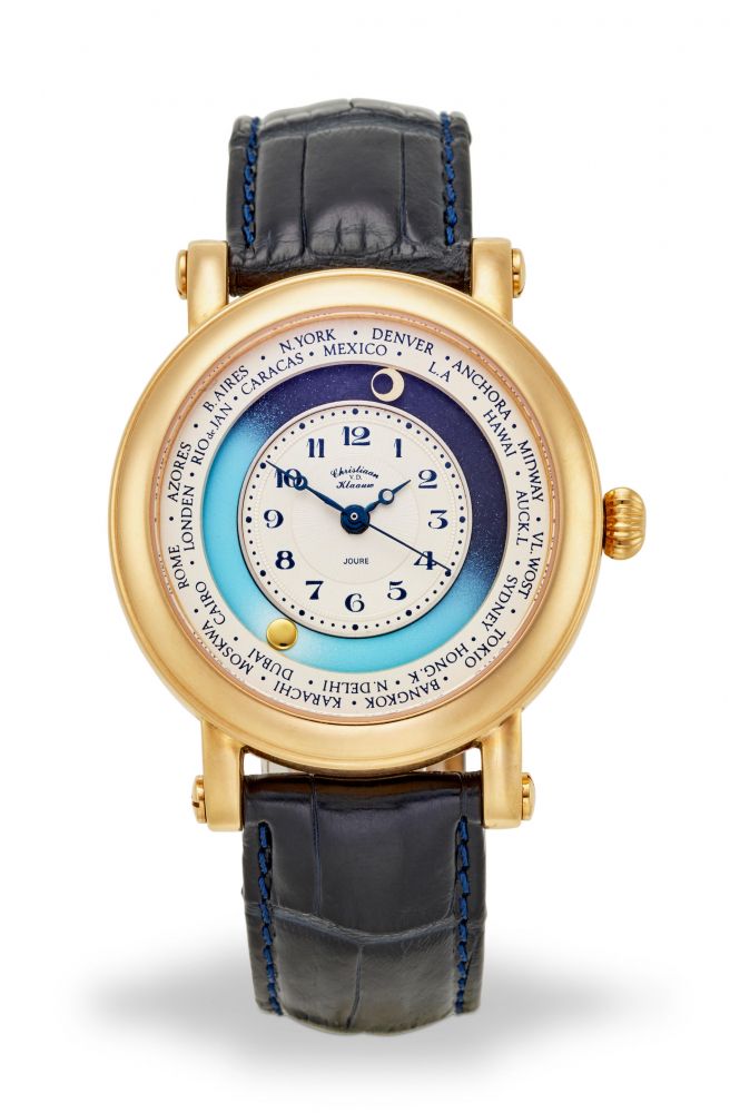 CHRISTIAAN VAN DER KLAAUW. AN 18K ROSE GOLD AUTOMATIC WORLD TIME WRISTWATCH WITH SOLAR AND LUNAR POSITIONS