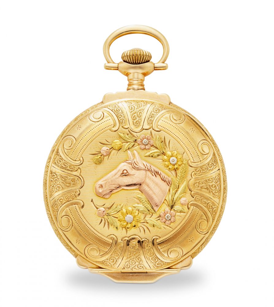 ELGIN NATIONAL WATCH CO. A FINE 14K MULTI COLORED GOLD BOX HINGE HUNTER CASED WATCH WITH FANCY DIAL
