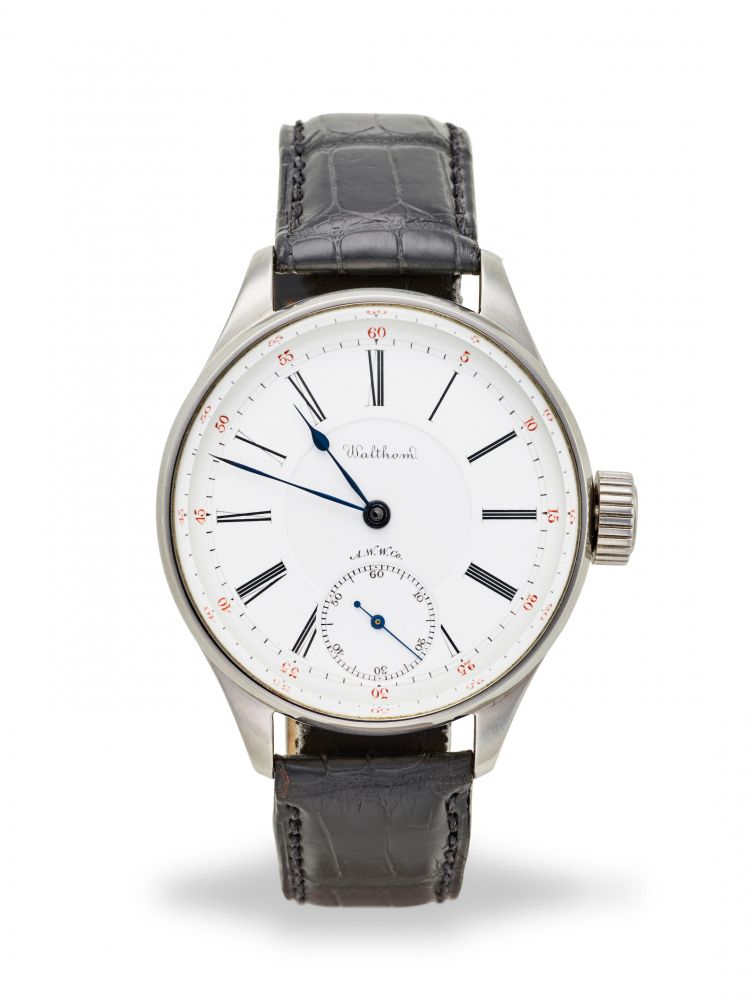 WALTHAM. A STAINLESS STEEL WRISTWATCH CONVERTED FROM A POCKET WATCH
