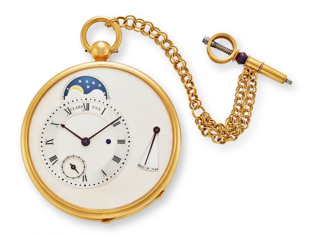 GENE CLARK. A UNIQUE 18K ROSE GOLD OPEN FACE CHRONOMETER WITH CONSTANT FORCE ESCAPEMENT IN FOUR-MINUTE TOURBILLON WITH MOON PHASE AND WINDING INDICATOR
