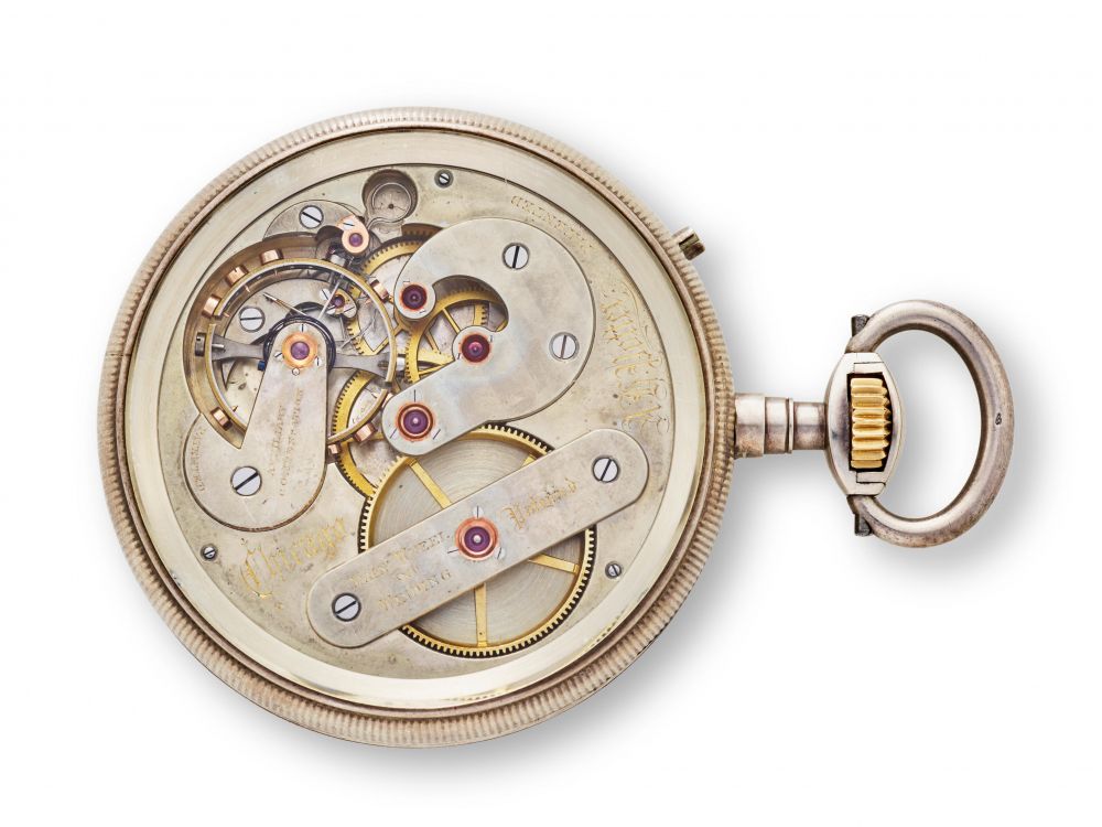 ALBERT H. POTTER, CHICAGO. A RARE 18K GOLD HUNTER CASED KEYLESS PIVOTED DETENT CHRONOMETER MOVEMENT WITH SPHERICAL BALANCE SPRING