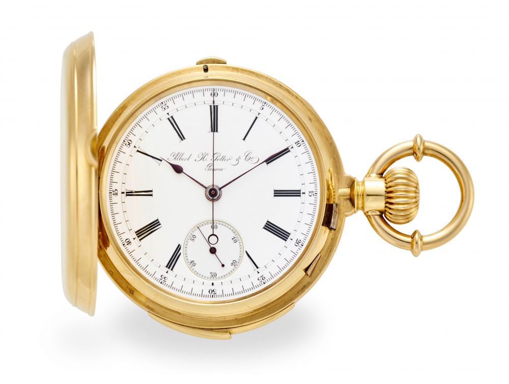 ALBERT H. POTTER CO., GENEVA. A FINE 18K GOLD HUNTER CASED KEYLESS MINUTE REPEATING CHRONOGRAPH