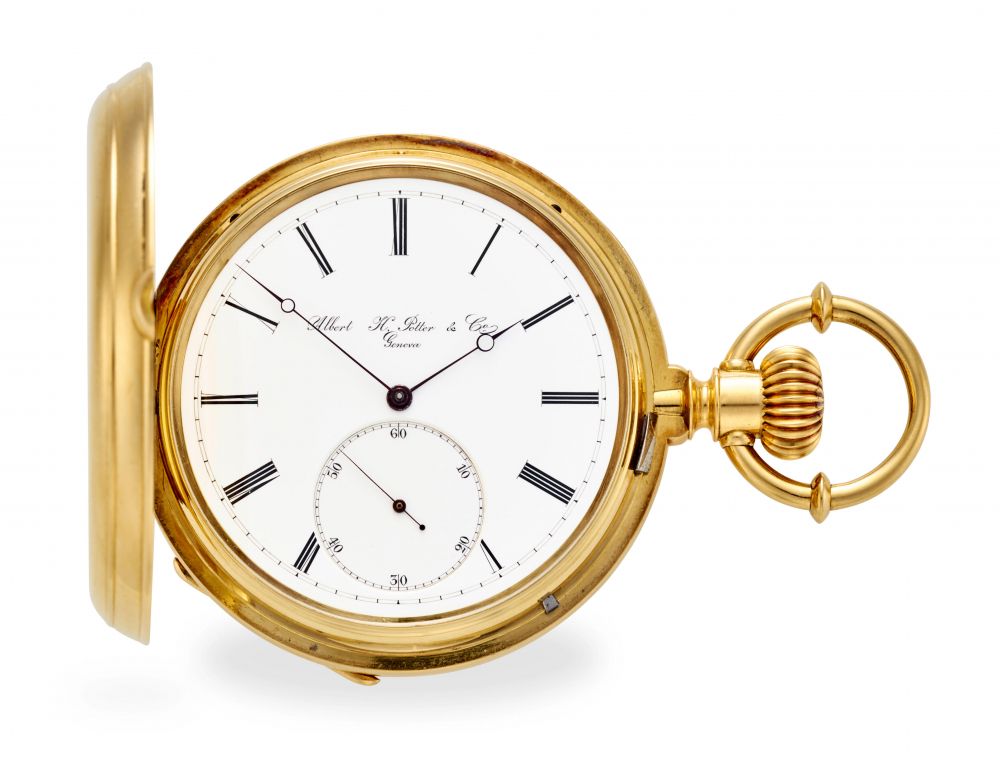ALBERT H. POTTER CO., GENEVA. A FINE AND RARE 18K GOLD HUNTER CASED KEYLESS PIVOTED DETENT CHRONOMETER