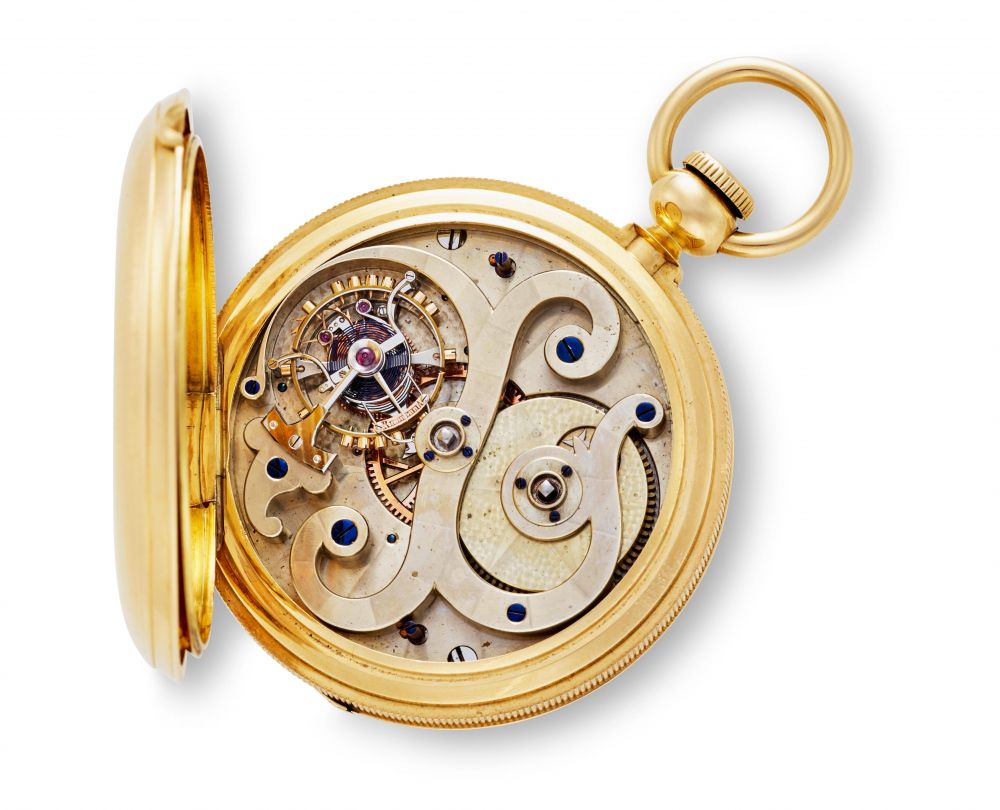 ERNEST GUINAND FOR J. E. CALDWELL CO., PHILADELPHIA. A FINE AND RARE 18K GOLD HUNTER CASED PIVOTED DETENT CHRONOMETER WITH 1-MINUTE TOURBILLON WITH ORIGINAL PRESENTATION BOX