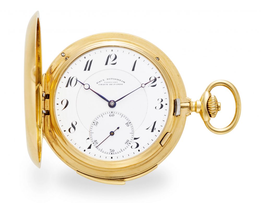 PAUL DITISHEIM, LA CHAUX DE FONDS. A RARE 18K GOLD HUNTER CASED KEYLESS MINUTE REPEATING LEVER WATCH, CHIMING WESTMINSTER QUARTERS
