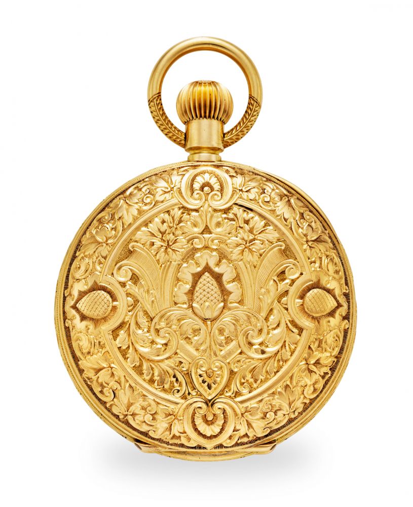 A FINE SWISS ELABORATELY ENGRAVED 18K GOLD HUNTER CASED KEYLESS PIVOTED DETENT CHRONOMETER WITH ONE-MINUTE TOURBILLON