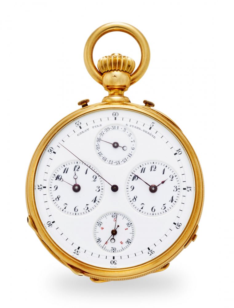 GOLAY FILS STAHL, GENÈVE. A FINE AND RARE 18K GOLD OPEN FACE TWO TRAIN INDEPENDENT DEAD SECONDS KEYLESS LEVER WATCH WITH DUAL TIME, DATE AND JUMP FIFTH SECONDS