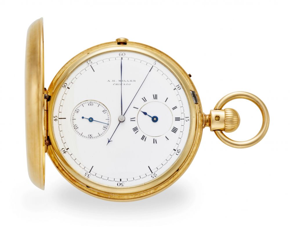 ADOLPH NICOLE. A FINE 18K GOLD HUNTER CASED KEYLESS LEVER CHRONOGRAPH WITH REGULATOR DIAL