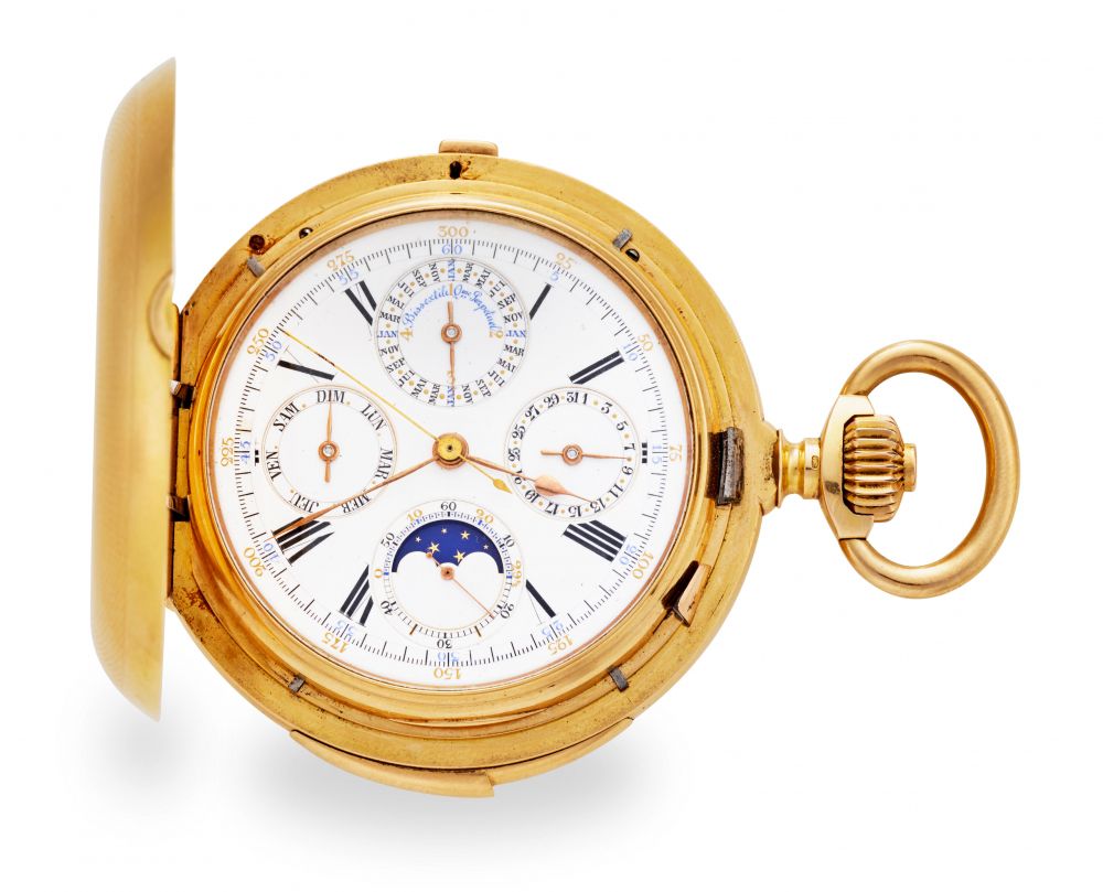 HAAS NEVEUX CO., GENEVA. A FINE 18K GOLD HUNTER CASED MINUTE REPEATING KEYLESS LEVER WATCH WITH CHRONOGRAPH, PERPETUAL CALENDAR AND MOON PHASE, WITH ORIGINAL GENEVA OBSERVATORY 1ST CLASS BULLETIN DE MARCHE