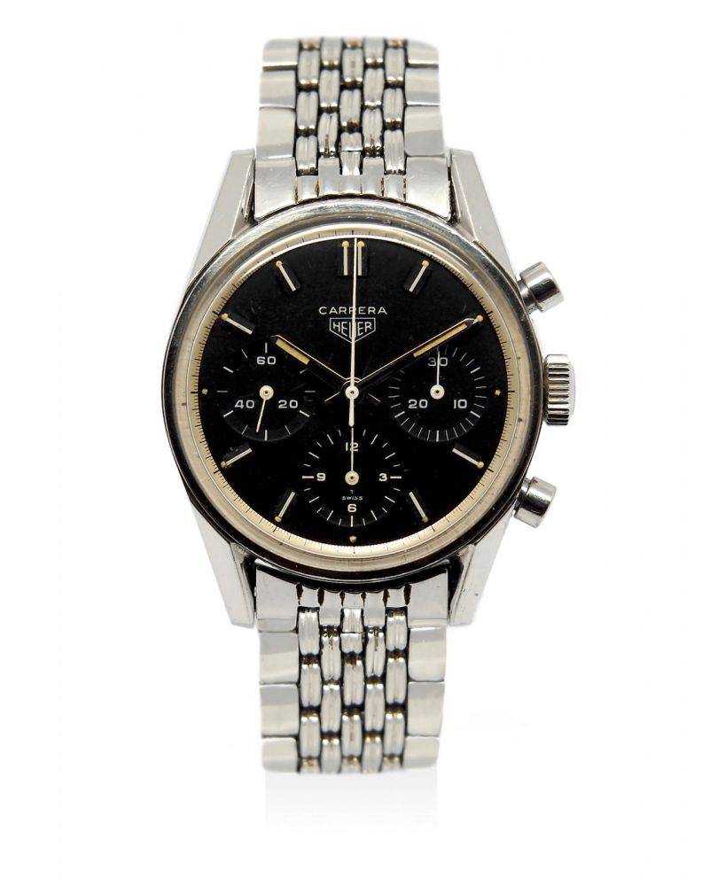 HEUER | CARRERA, A VERY EARLY VERSION AND EXTREMELY RARE STAINLESS STEEL CHRONOGRAPH BRACELET WATCH WITH GAY FRÈRES BRACELET, CIRCA 1967