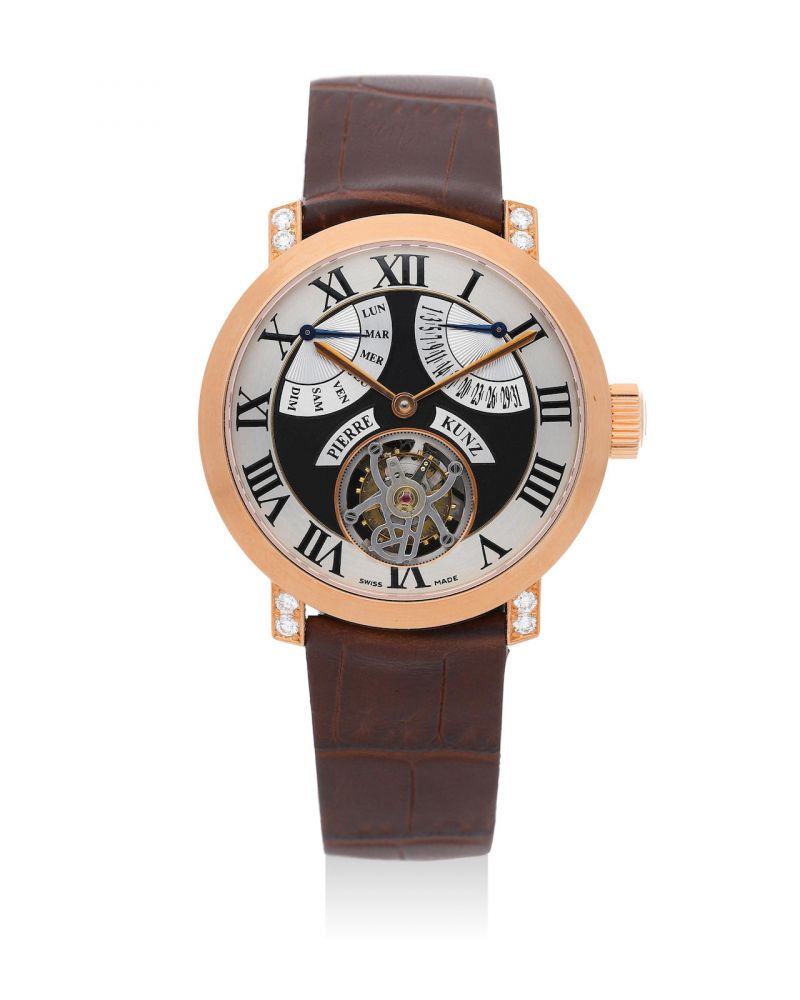 Pierre Kunz | Grande Complications - Piece Unique, An Exceptional and Unique Pink Gold and Diamond-Set Tourbillon Wristwatch With Retrograde Day and Date, Circa 2010