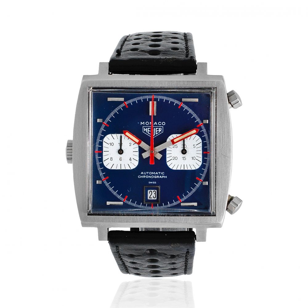 Heuer. A fine stainless steel automatic calendar chronograph square wristwatch