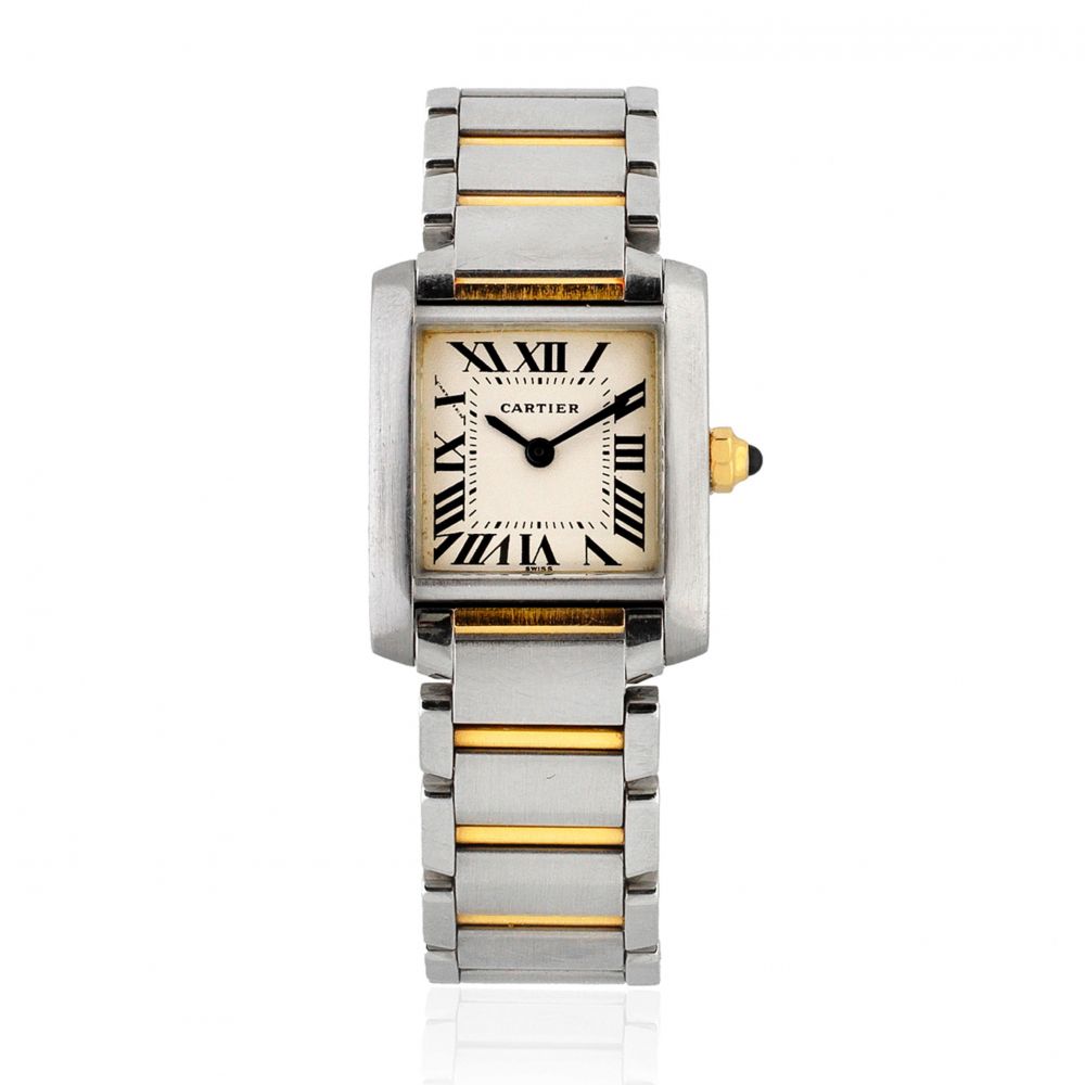 Cartier. A lady's stainless steel and gold quartz rectangular bracelet watch