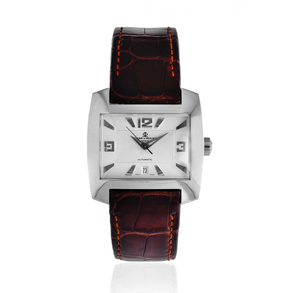 Baume Mercier. A stainless steel automatic rectangular calendar wristwatch
