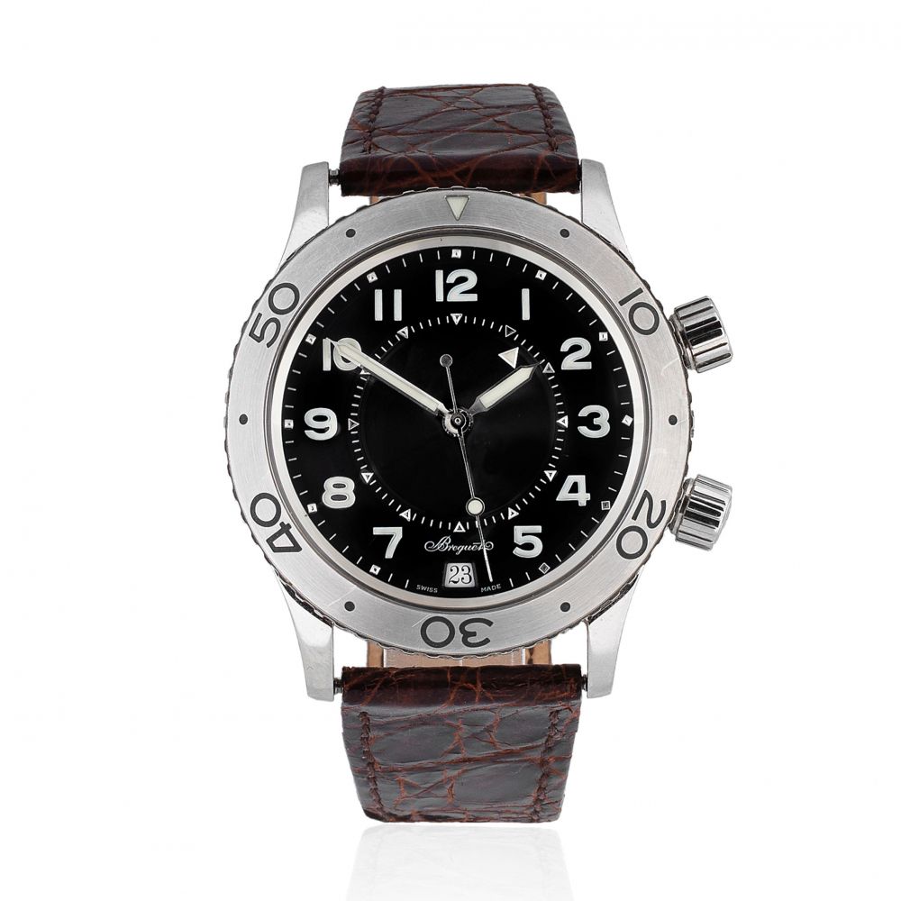 Breguet. A stainless steel automatic calendar wristwatch with alarm
