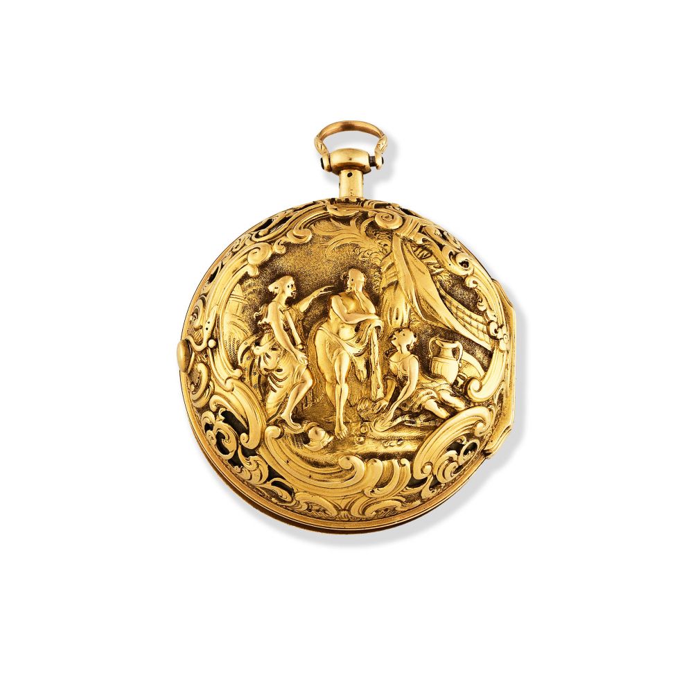 Thomas Tompion, London. A fine and rare gold key wind repoussé quarter repeating pair case pocket watch