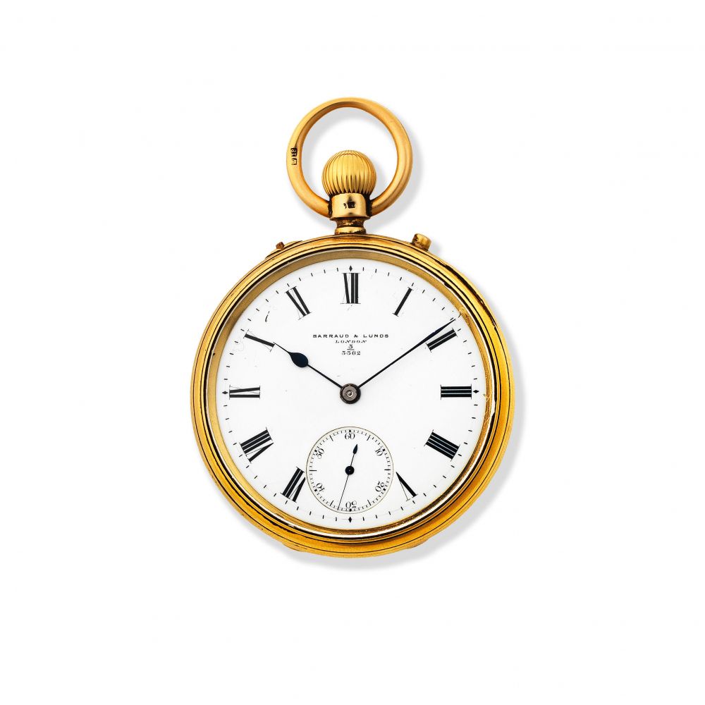 Barraud Lunds, 49 Cornhill, London. An 18K gold keyless wind open face pocket watch