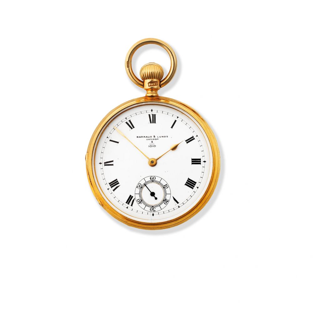 Barraud Lunds, 41 Cornhill, London. An 18K gold keyless wind open face pocket watch