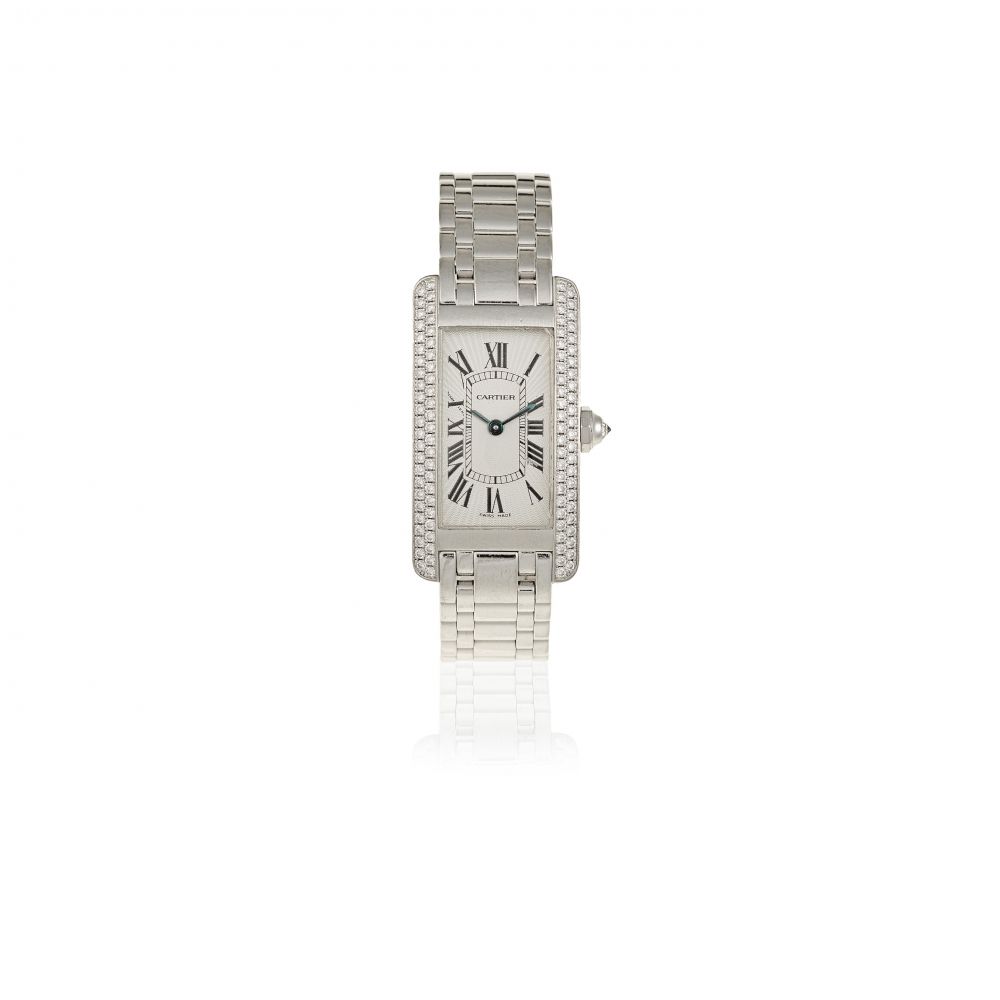 Cartier. A lady's 18K white gold and diamond set quartz rectangular bracelet watch