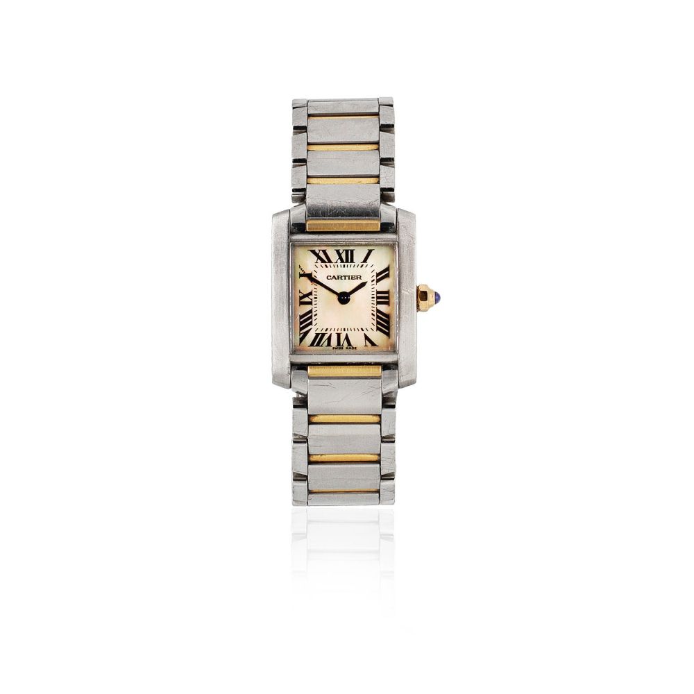 Cartier. A lady's stainless steel and gold quartz rectangular bracelet watch with mother of pearl dial