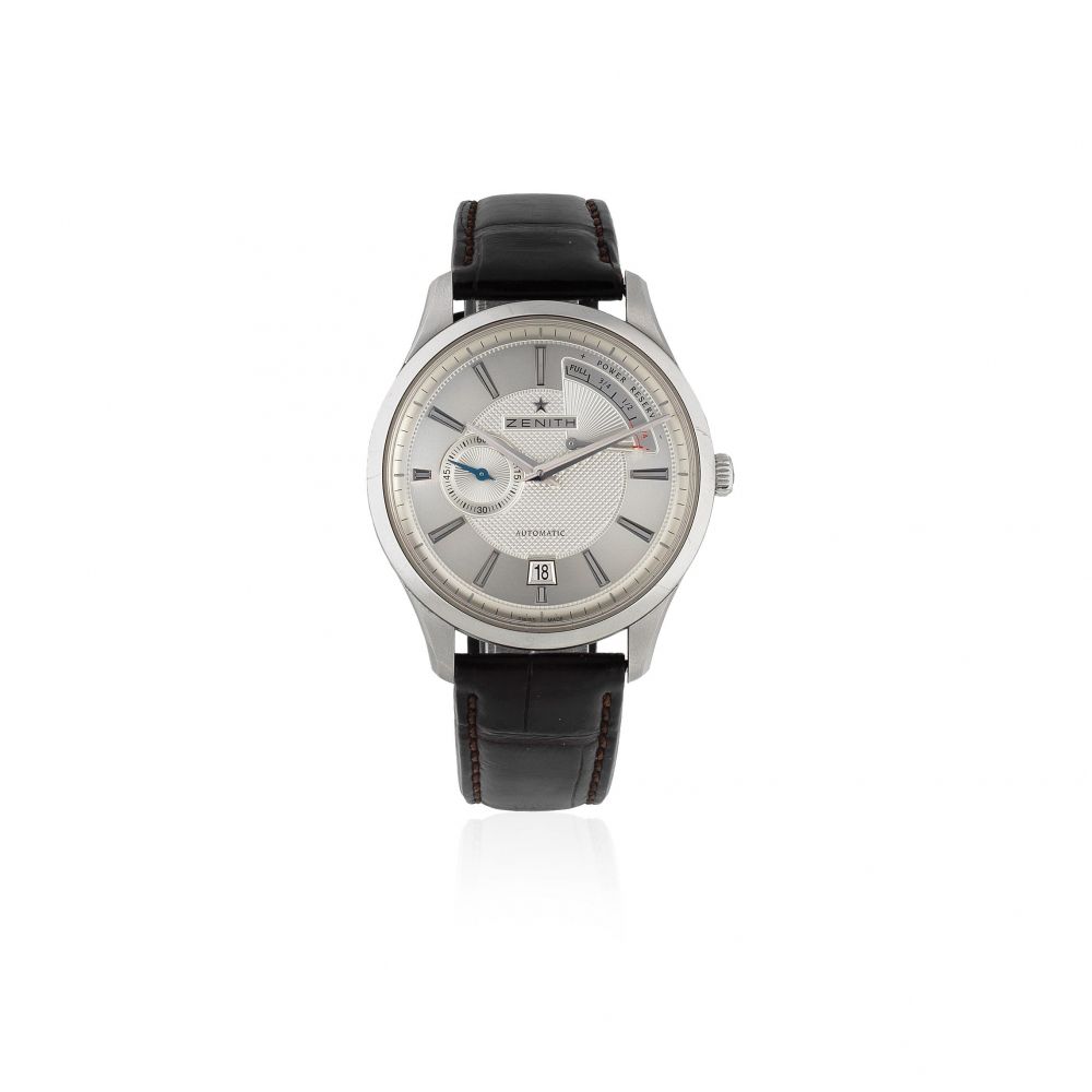 Zenith. A stainless steel automatic calendar wristwatch with power reserve