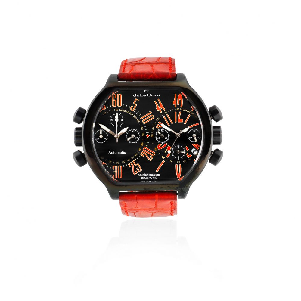 DeLaCour. A Limited Edition black PVD stainless steel automatic dual time and dual chronograph calendar wristwatch