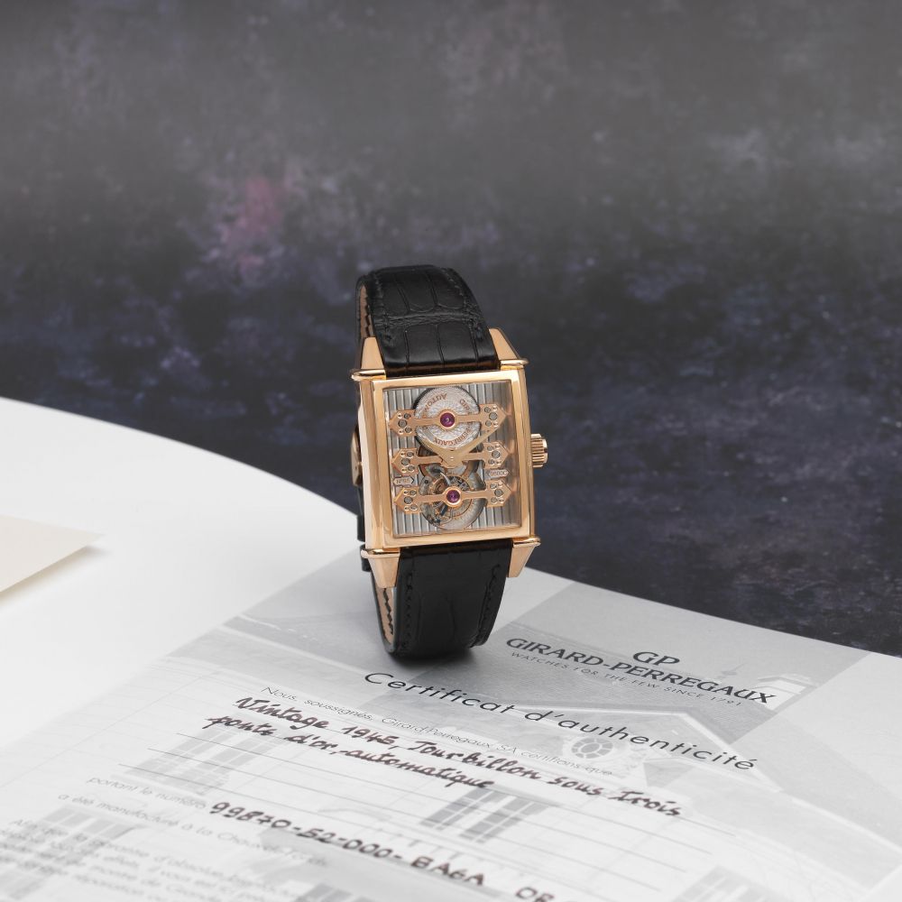 Girard-Perregaux. A fine and unusual 18K rose gold Limited Edition automatic skeletonised rectangular tourbillon wristwatch with three gold bridges