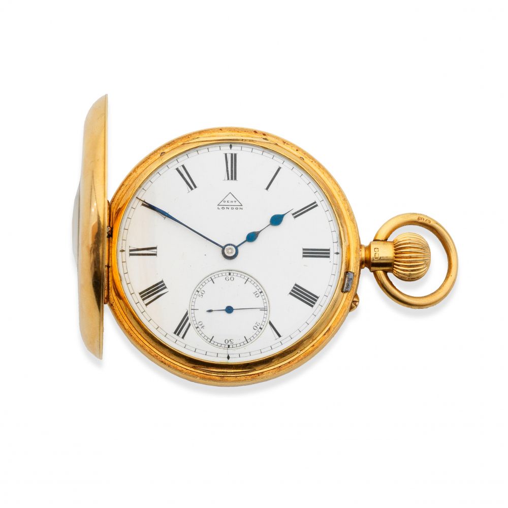 Dent, 61 Strand 4 Royal Exchange, London. An 18K gold keyless wind half hunter pocket watch