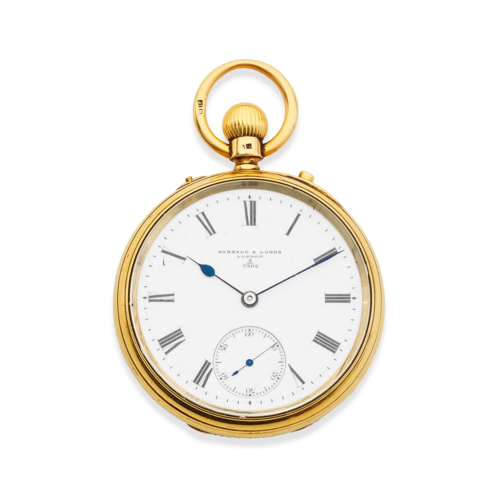 Barraud Lunds, 49 Cornhill, London. An 18K gold keyless wind open face pocket watch