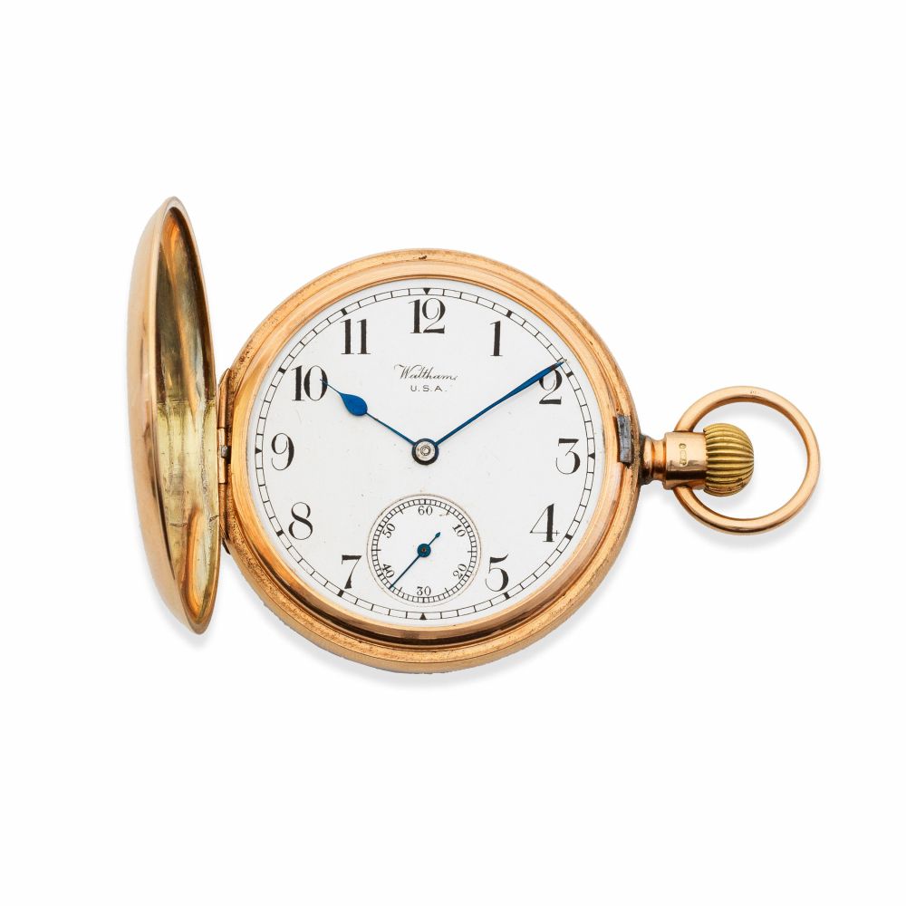 Waltham. A 9K gold keyless wind full hunter pocket watch