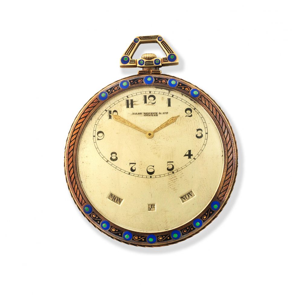 Haas Neveux Cie, Geneve. An 18K gold and enamel keyless wind open face triple calendar pocket watch