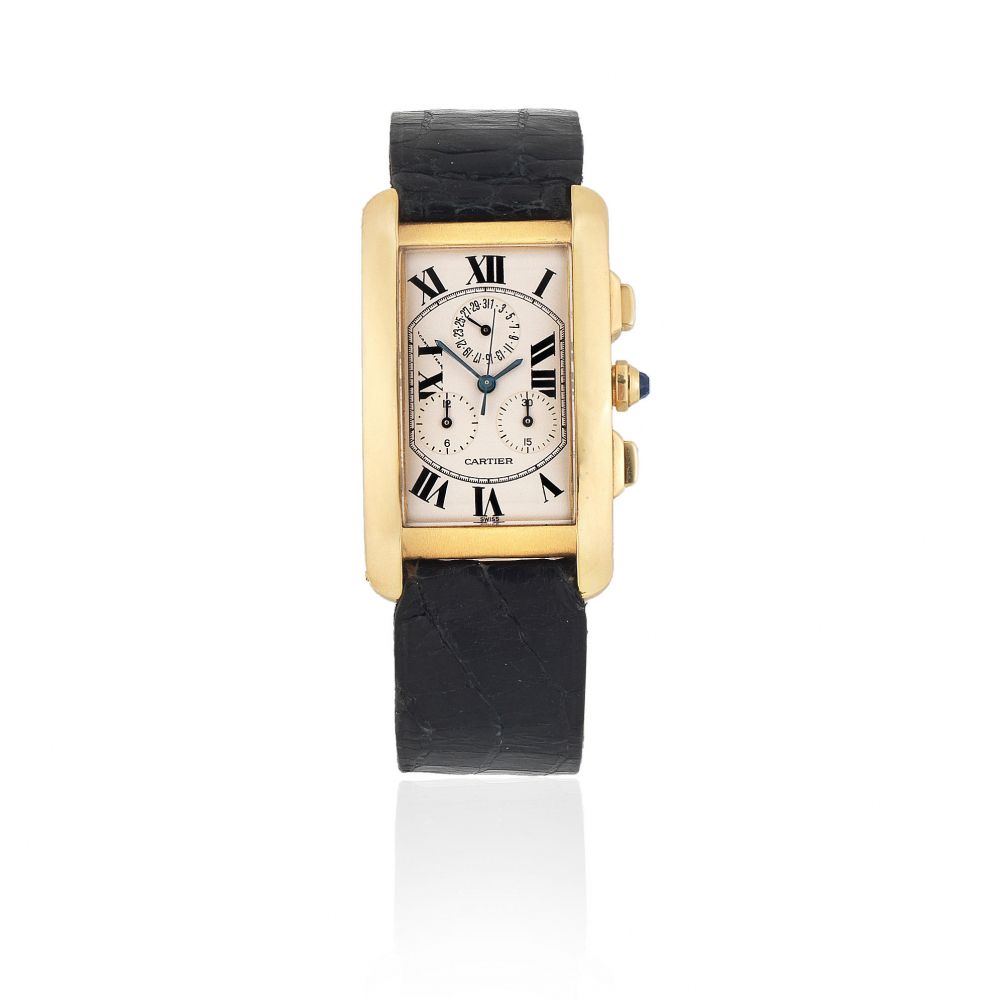 Cartier. An 18K gold quartz calendar chronograph rectangular wristwatch