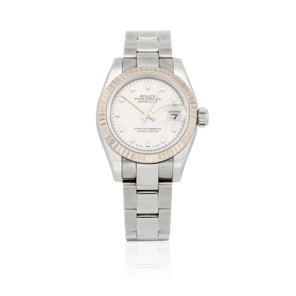 Rolex. A lady's stainless steel and white gold automatic calendar bracelet watch with diamond set mother of pearl dial