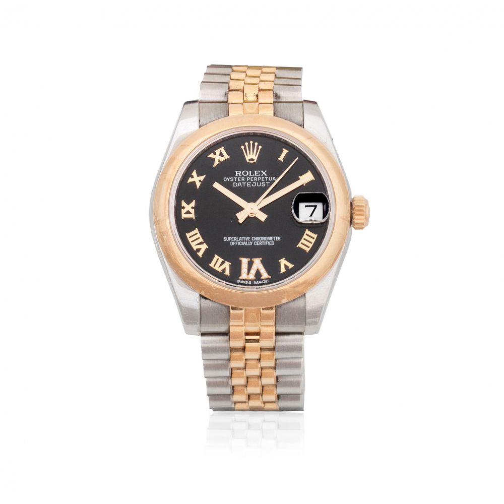 Rolex. A lady's 18K rose gold and stainless steel automatic calendar bracelet watch